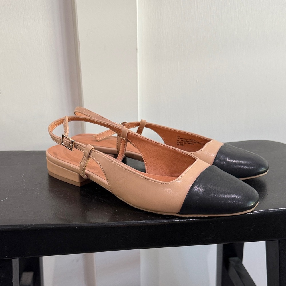 Madden Girl- Elegant Black and Tan Women's Slingback Flats- size 7
